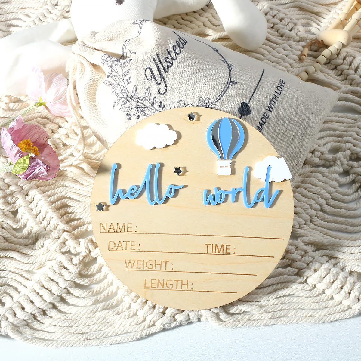 BOXOB Baby Ankündigungsschild Holz - Hello World Geburtsanzeige