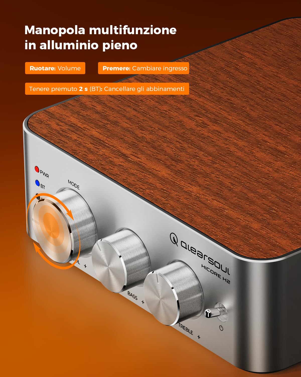 Qlearsoul HiCore H2 Amplificatore stereo Hi-Fi Bluetooth 5.4 - TI TPA3255 Classe D, uscita nominale 100W x2 (@4Ω), modalità BT anti-hijack, hub a 3 ingressi RCA/AUX/BT per altoparlanti passivi