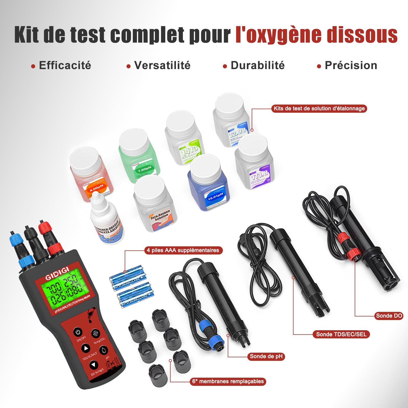 Compteur d'oxygène dissous dans l'eau, pH-mètre intelligent 6 en 1 DO, testeur portable pH DO Salt EC TDS pour étang de Koi, aquaculture, moniteur d'environnement