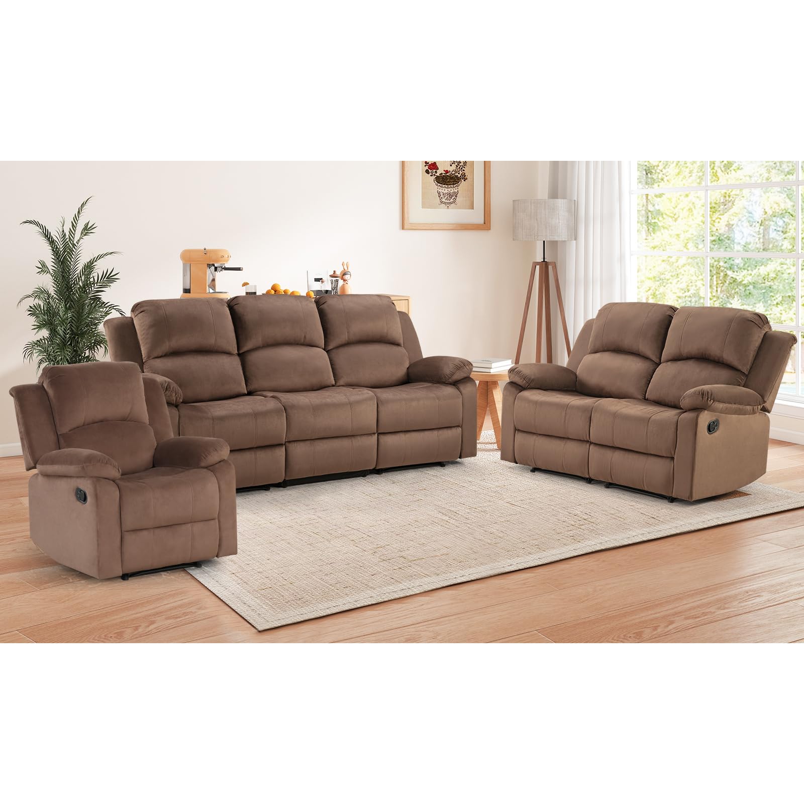 EBELLO Manual Recliner Sofa Set, Microfiber Reclining Couch Furniture Set for Living Room, Includes 1 Recliner Chair, 1 Loveseat Sofa and 1 3-Seater Reclining Couch, Brown view 8
