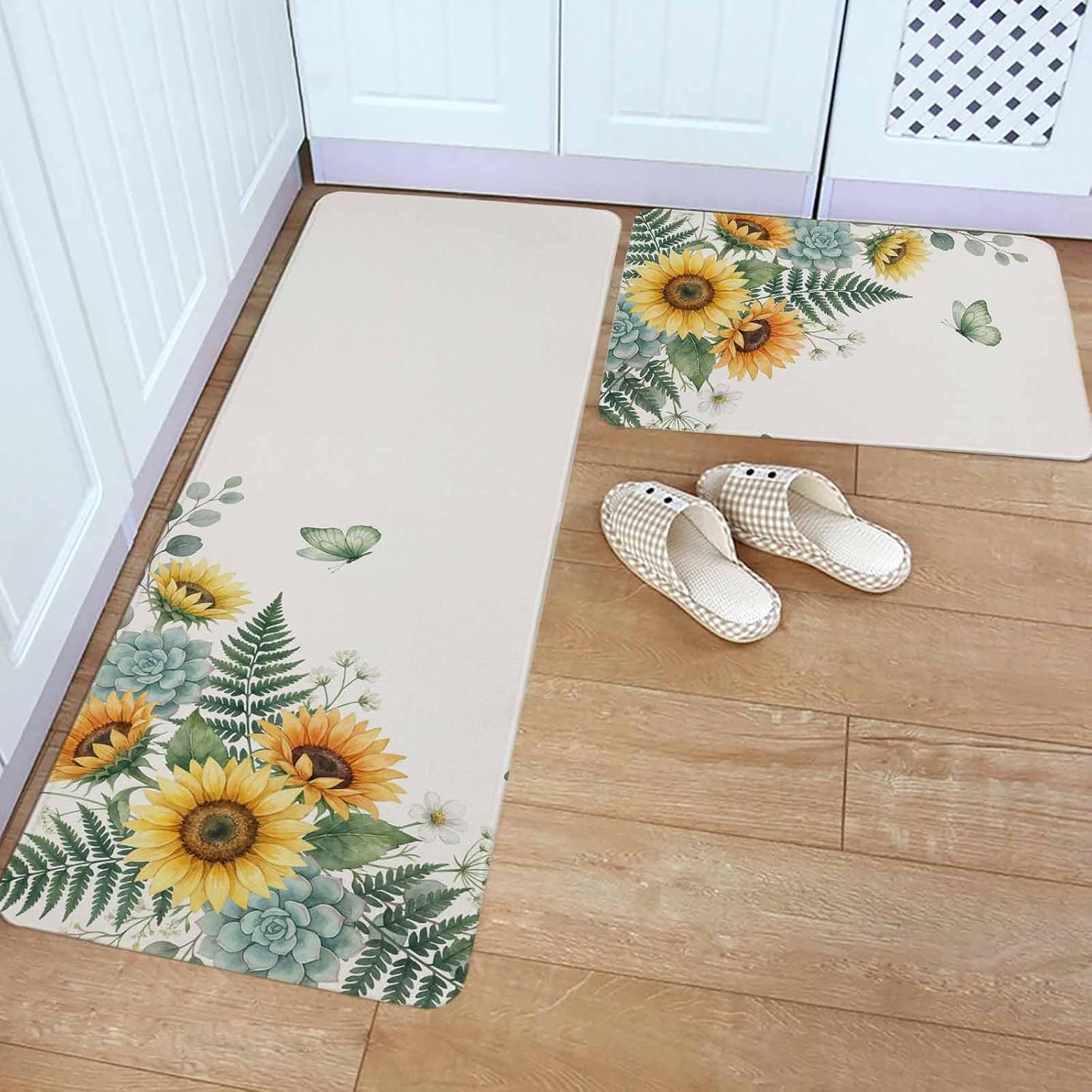Spring Sunflower Kitchen Rugs and Mats Set of 2, Non-Slip Kitchen Sink Mat, Garden Botanical Leaves Butterflies Washable Doormat Bathroom Rugs Runner for Bedroom/Living Room 19.7"x31.5"+19.7"x63"