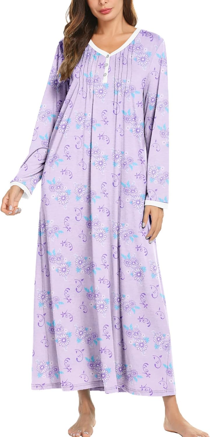 Ekouaer Cotton Nightgowns for Women Long Sleeve Nightgown Full Length Night Gown Soft Comfy Nightdress Button Sleep Shirts