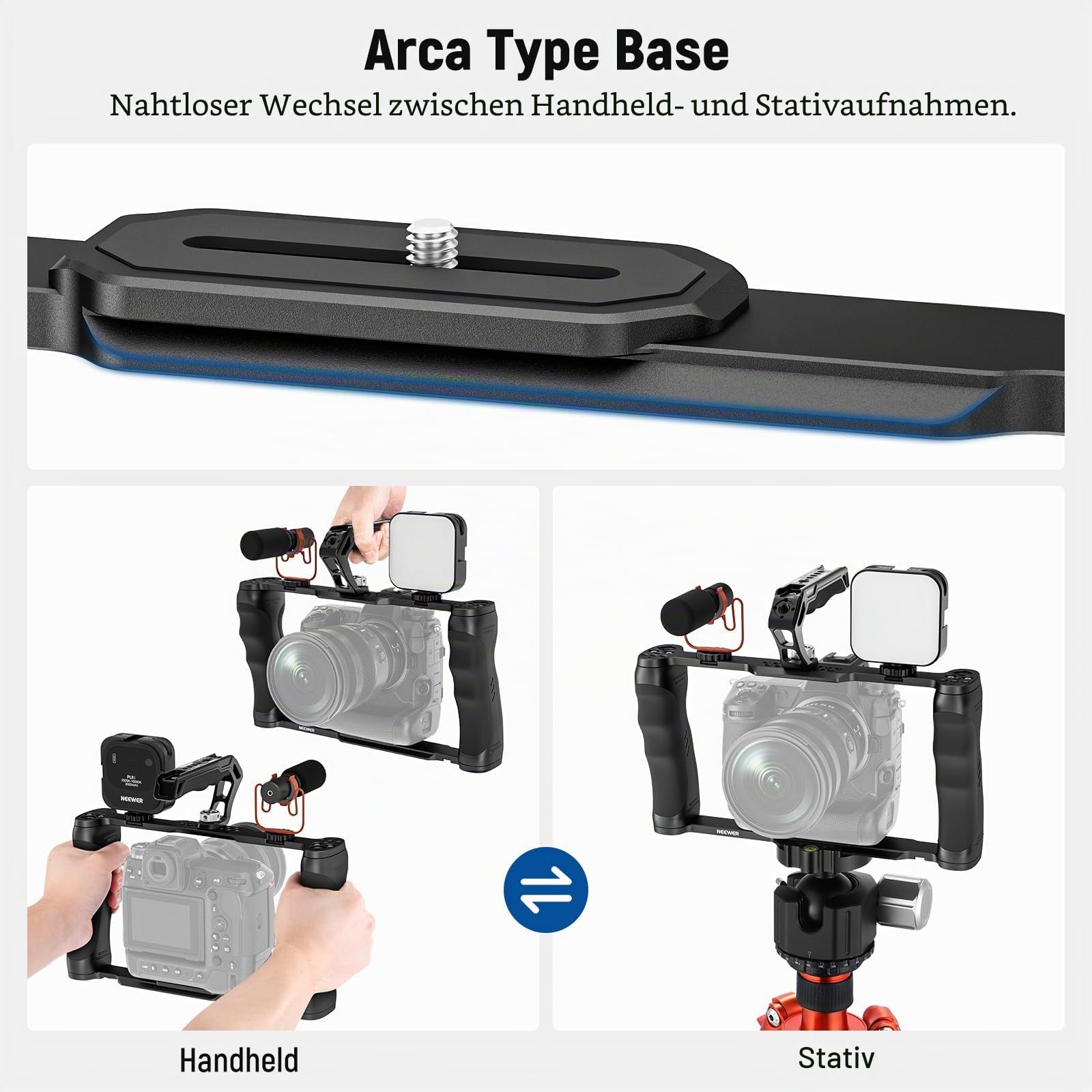 NEEWER Universal Kamera Käfig Cage mit oberem Griff, Zubehör Monitor Halterung, Arca Typ Kamera Gimbal Stabilisator Video Rig, Zwei Handgriffe und 3/8 kompatibel mit SmallRig CA016T+MA006