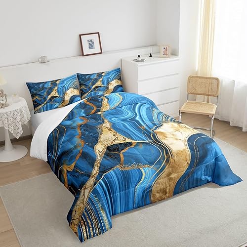 Miniatura 4 de Erosebridal Juego de edredón de mármol azul matrimonial, ropa de cama dorada agrietada para niños y niños, juegos de edredón de textura metálica