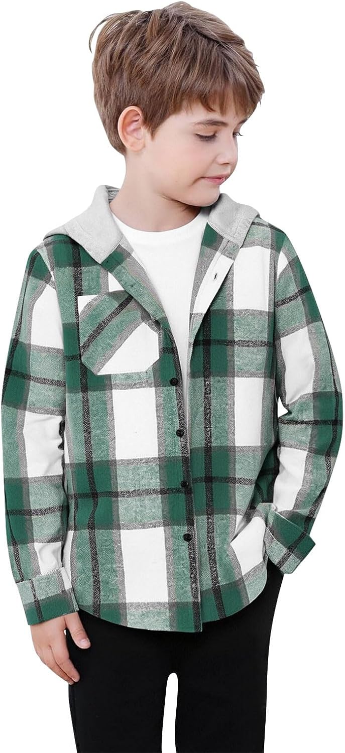 Boys Girls Casual Flannel Plaid Hoodies Fall Fashion Button Down Shirts Long Sleeve Cute Lightweight Jacket Coats