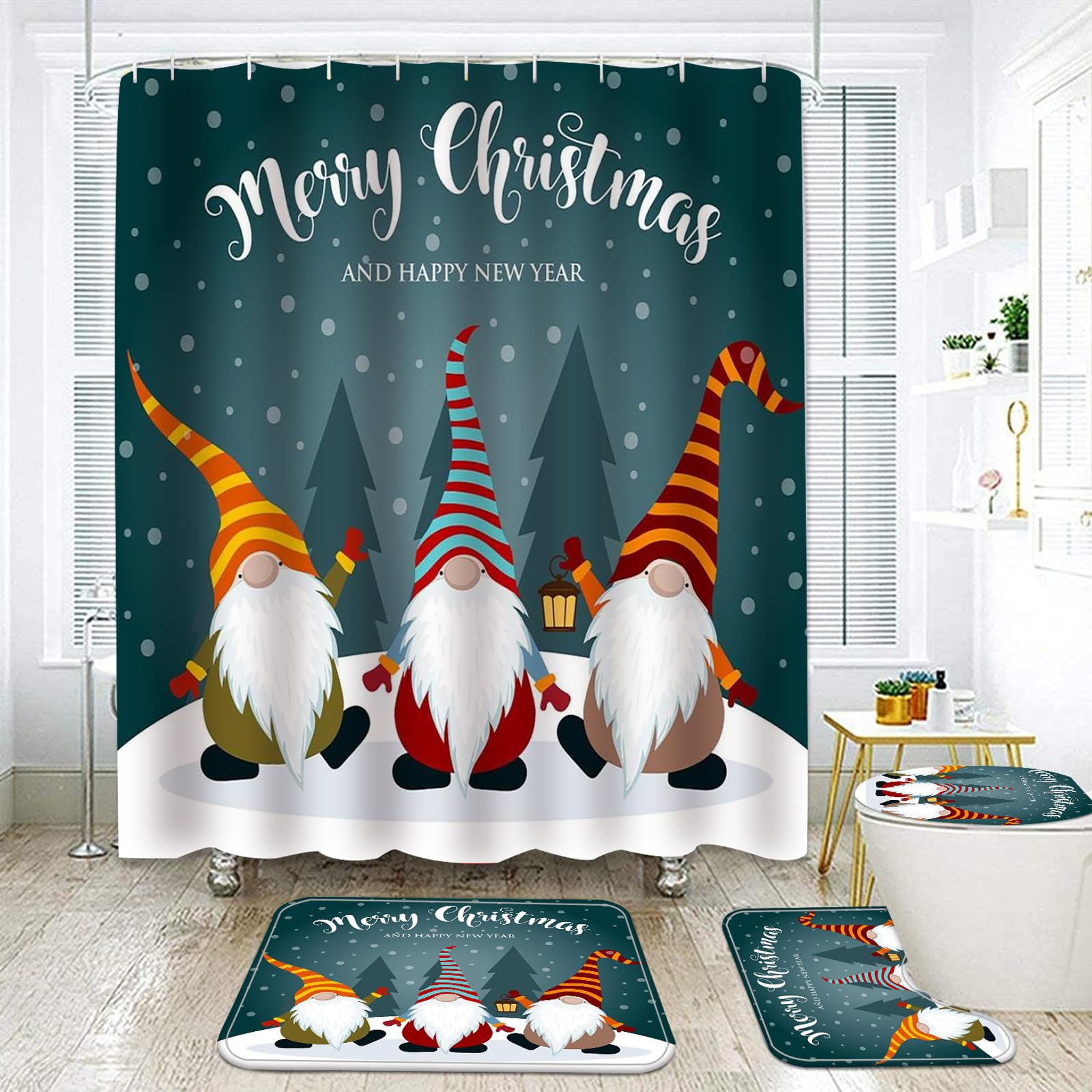 NEWSUYAA 4 PCS Christmas Shower Curtain Sets, Xmas Bathroom Set Toilet Seat Cover Rug Snowman Gnome Rustic Tree Santa Theme Tub Room Décor,Cute Holiday Decorations (N5)