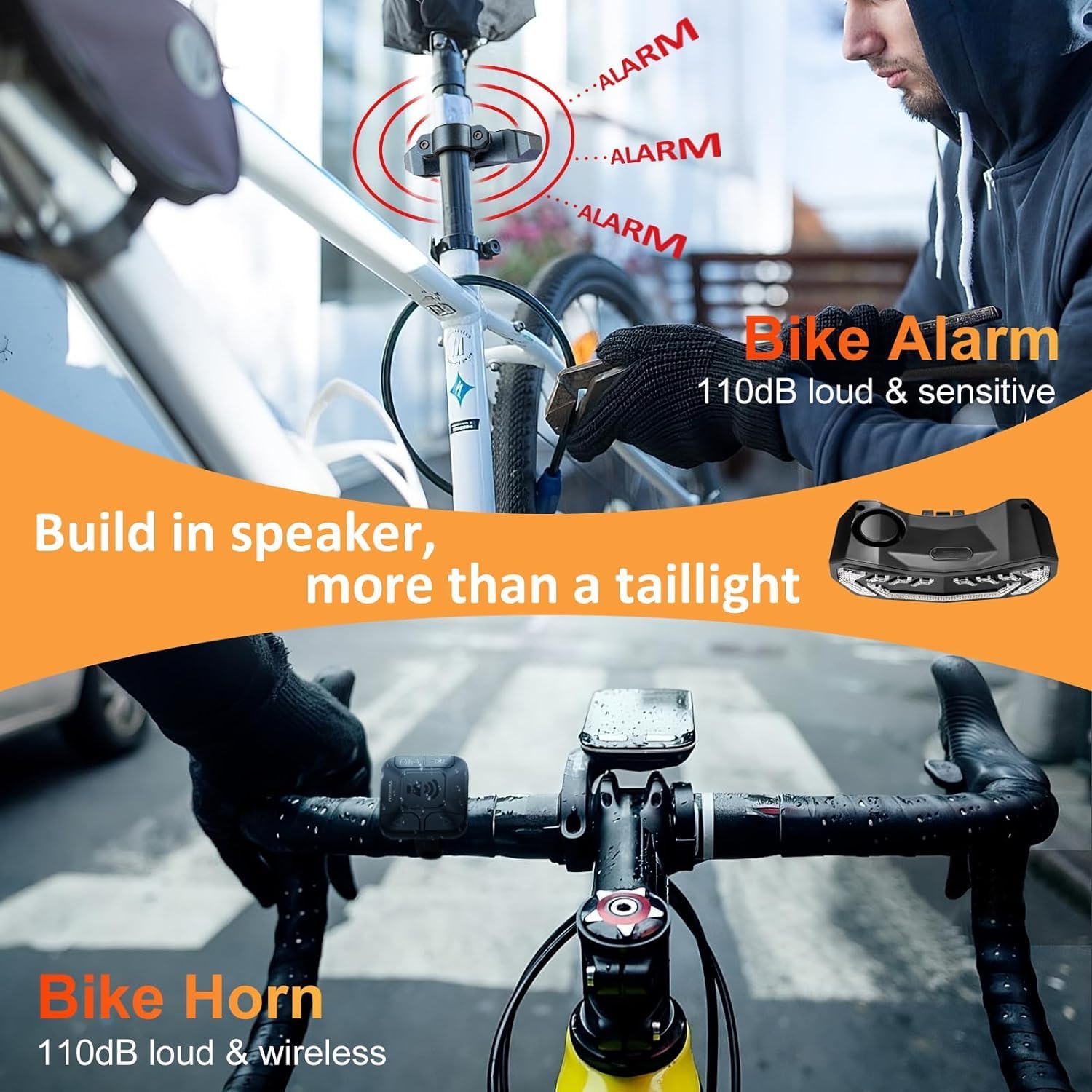 WSDCAM bike tail light with integrated horn and alarm features.