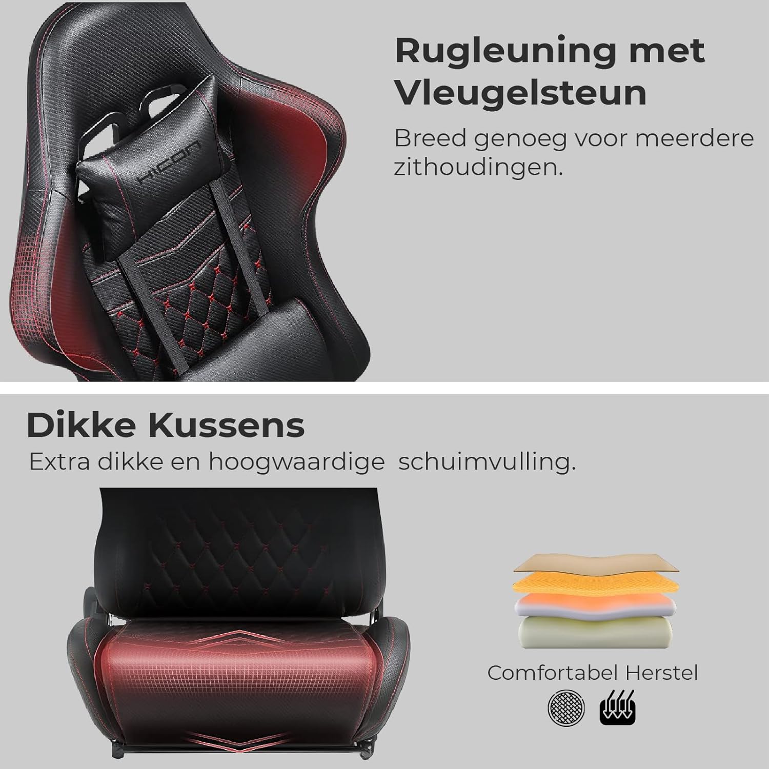 Posnetek od blizu naslonjala igralnega stola HICON Incanto s krilno oporo, ki prikazuje ergonomsko zasnovo.