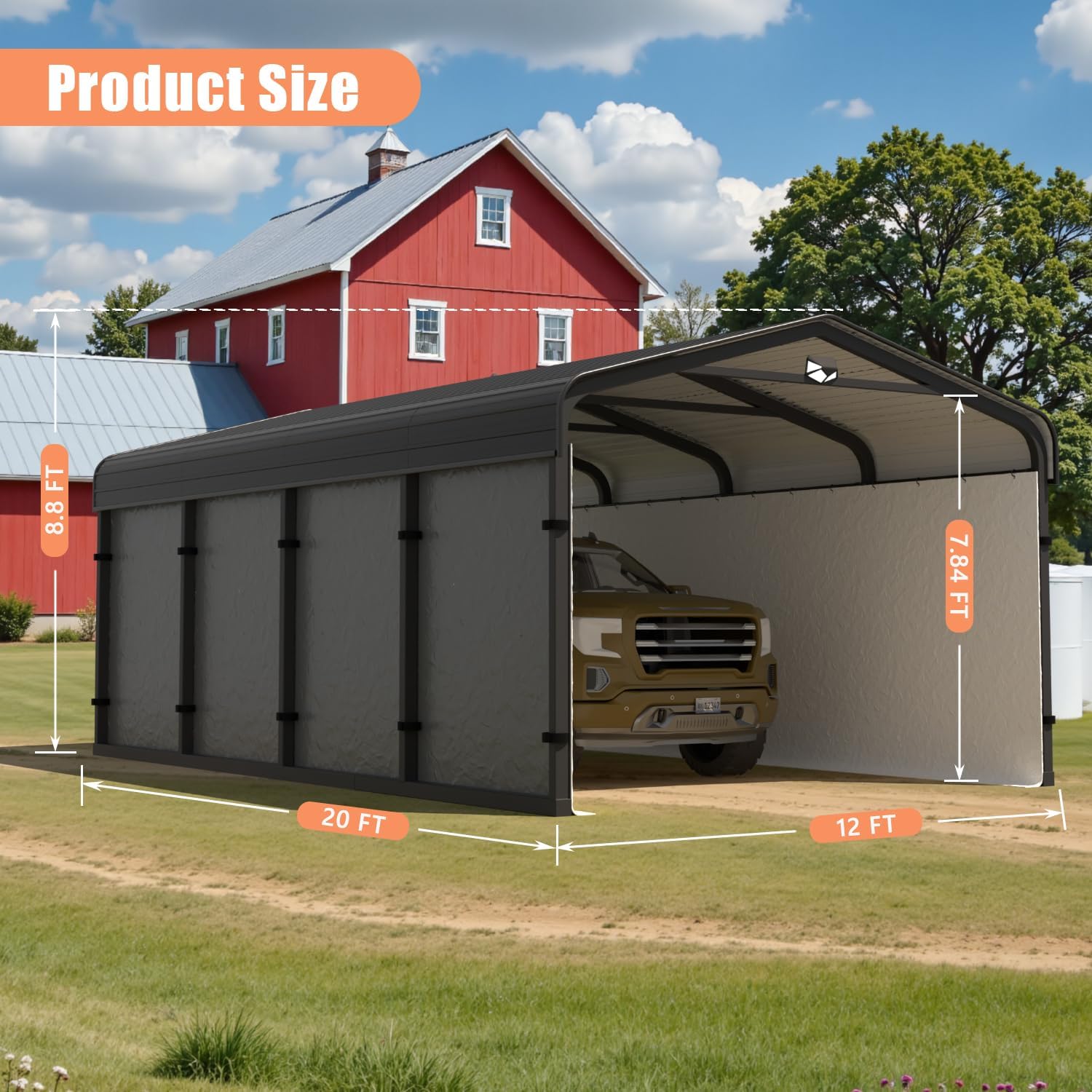 Benass 12x20 Metal Carport with dimensions labeled