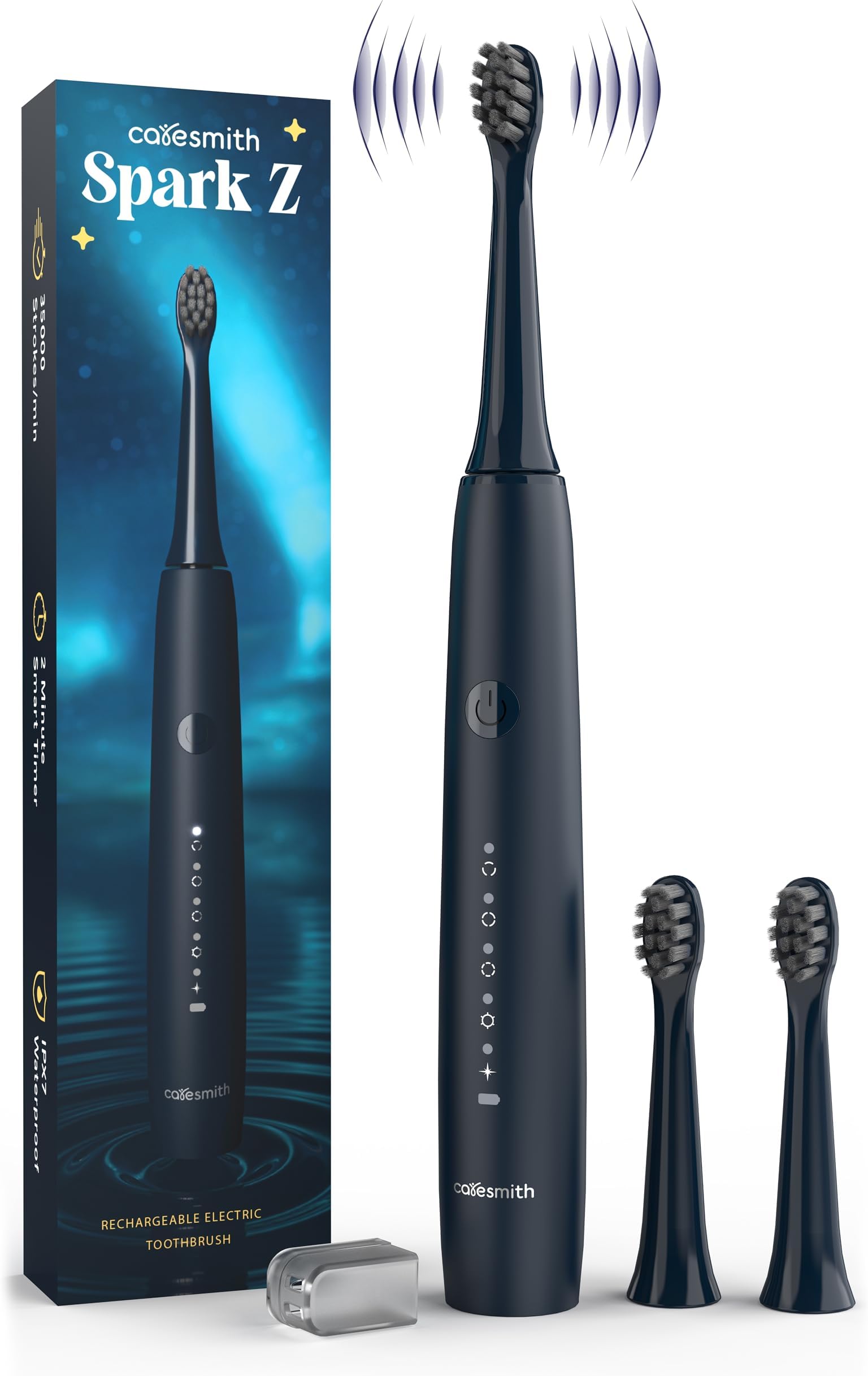Caresmith Spark Z Electric Toothbrush | 3 Brush Heads With Cover | 35000 Sonic Vibrations | Toothbrush Electric Adult | Electric Toothbrush for Men & Women with 1 Year Warranty | USB Type C | (Nebula Blue) IPX7 Waterproof