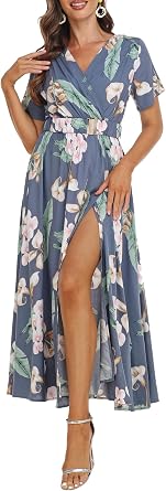VintageClothing Womens Floral V-Neck Wrap Midi Dress Summer Maxi Dresses