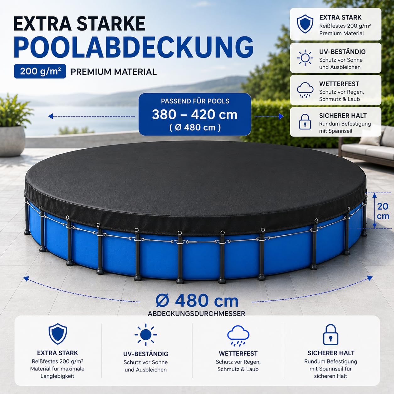 Telo di copertura per piscina rotondo, extra spesso, 200 g/m², resistente ai raggi UV, per l'estate e l'inverno, colore nero (380 – 420 cm (diametro 480 cm)