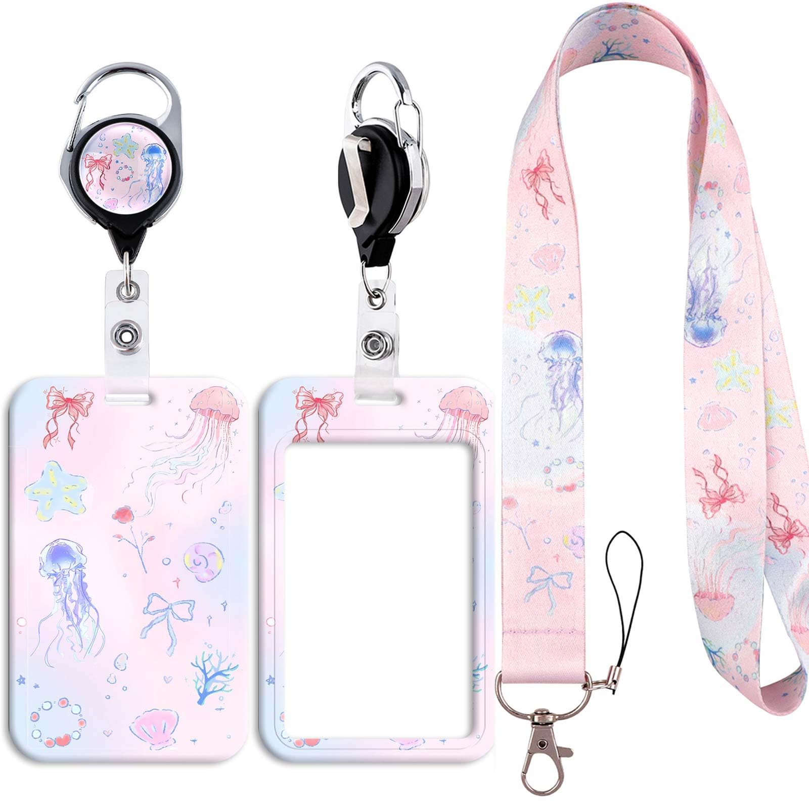 Fantasy Lanyard ID Badge Card Holder with Retractable Badge Reel Carabiner Clip Neck Strap Key Lanyard Plastic Case Name Pass Sliding Badge Holder