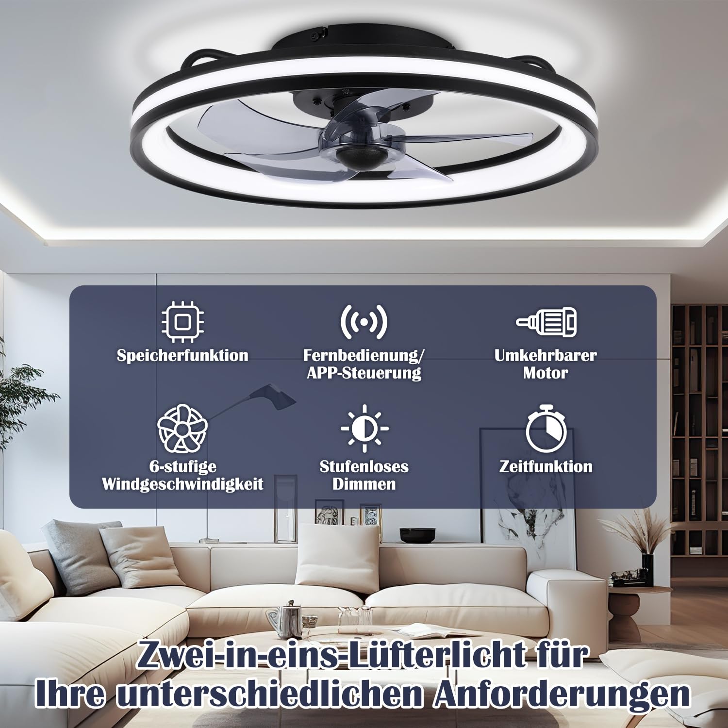 Daromigo Ventilatore da Soffitto con Luce Ø50 cm, Ventilatore LED Dimmerabile con Telecomando e App Bluetooth, 6 Velocità, Timer, Funzione Reversibile Estate/Inverno, per Camera, Nero