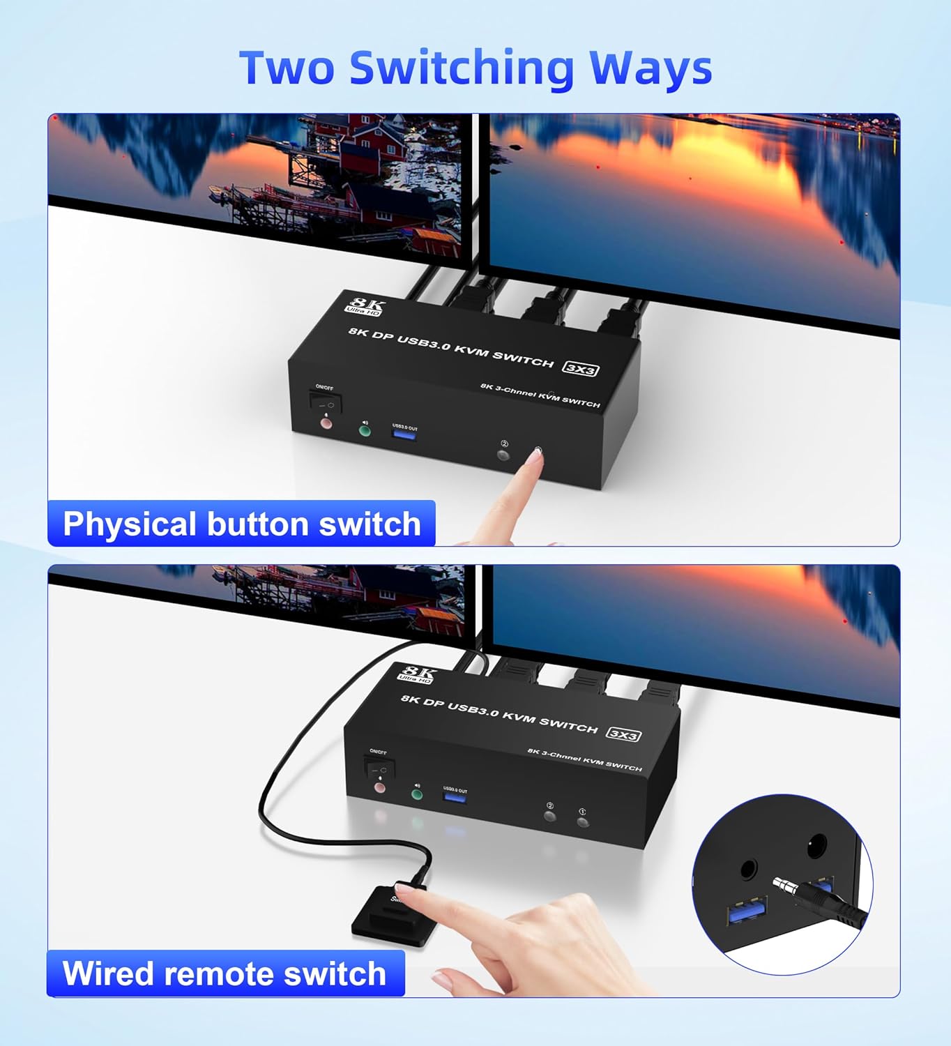 DisplayPort KVM Switch Triple Monitor 8K DP for 2 Computers Share 3 Monitors 1 Set Keyboard Mouse Printer Flash Disk PC Extended Display 8K@60Hz 4K@120Hz with 3 USB3.0 Port Remotely Swtich Controller