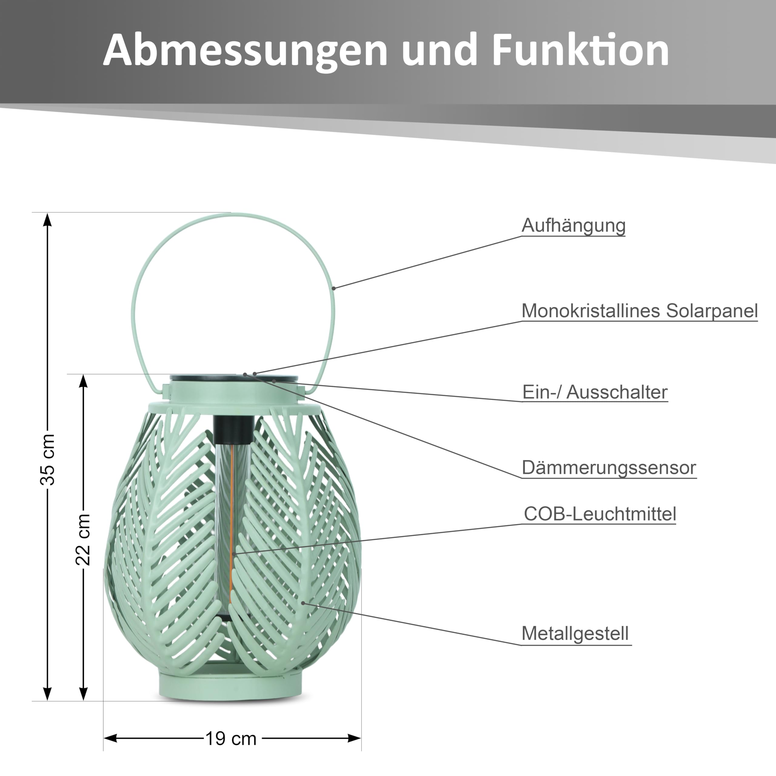 LED Solar Laterne Outdoor – Gartenleuchte mit COB LED Dämmerungssensor Metallgehäuse warmweiß Boho Gartenlampe (Farn-Blätter)