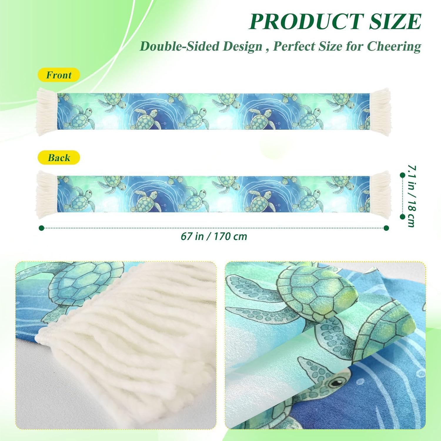 CHIFIGNO Watercolor Sea Turtles Sports Fan Scarf with Fringe, Soft Absorbent Polyester Soccer Scarf for Cheering, Quick Dry Sweat Towel Wrap
