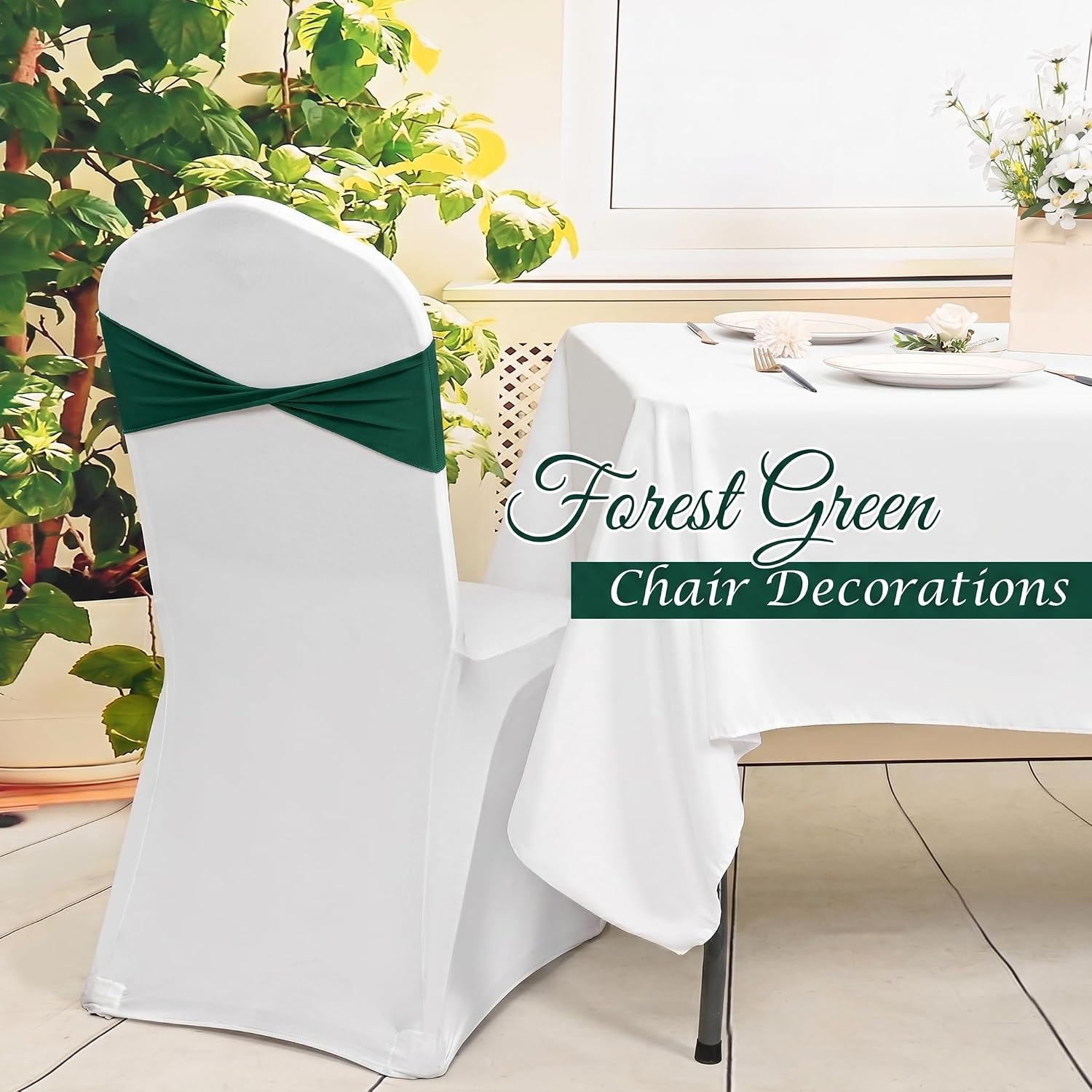 Pesonlook 100 Pack Elastane Chair Sashes Bows Stretch Elastic Forest Green Dining Chair Bands Ties Without Buckle Chair Decorations Cover Bands for Wedding, Party, Ceremony Banquet