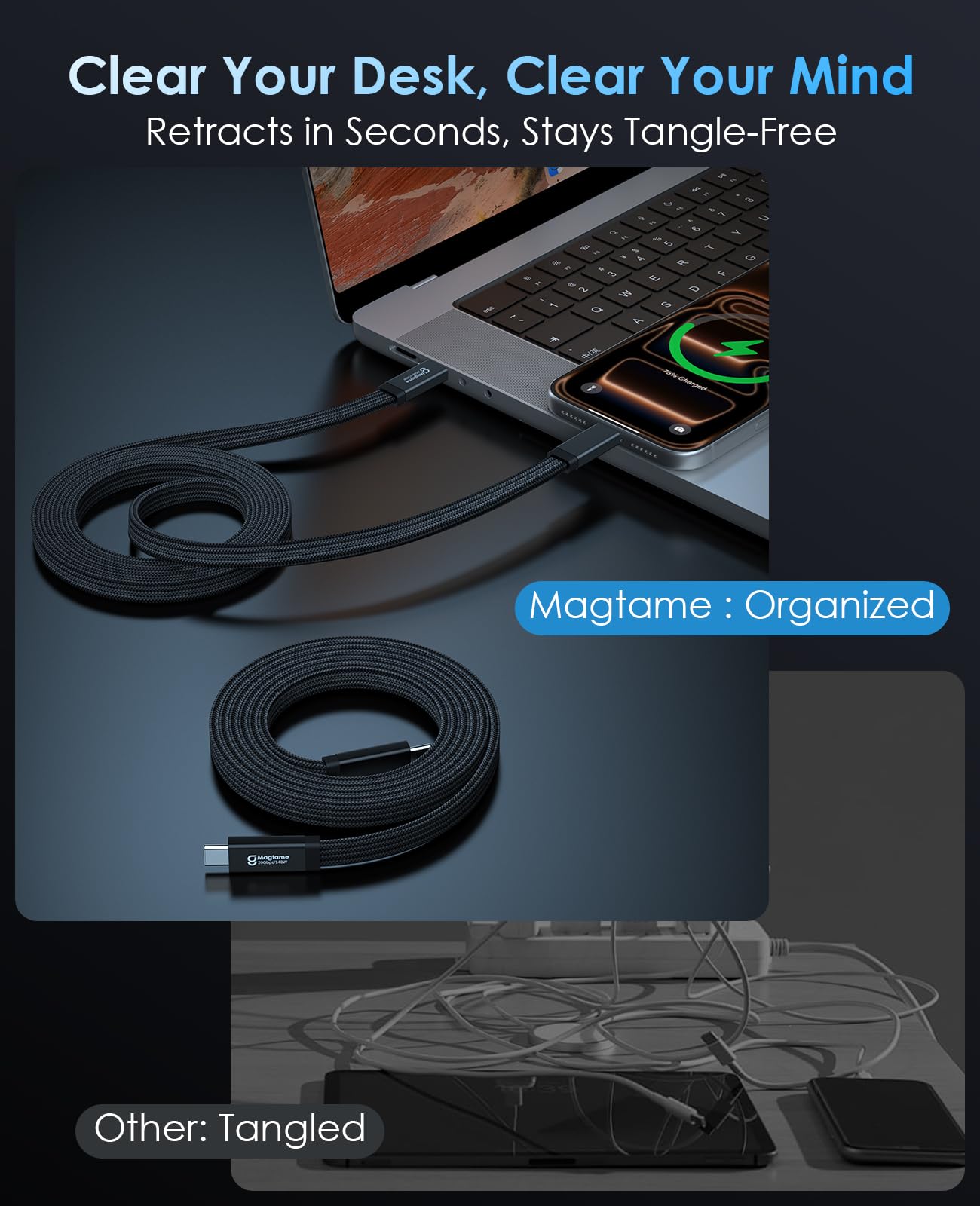Magtame Magnetyczny kabel USB C do USB-C 20 Gbps, 8 K, 1,5 m, 140 W, nieplątany kabel typu C, USB 3.2, szybkie ładowanie i przesyłanie danych do laptopa, monitora, i-Phone 17/16