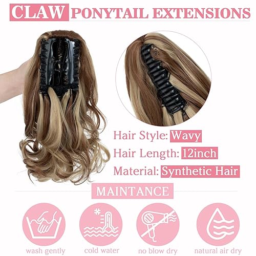 Miniatura 3 de Extensión de cola de caballo con clip de garra, extensiones de cola de caballo para mujer, 12 pulgadas, esponjosas, onduladas, rubias doradas,