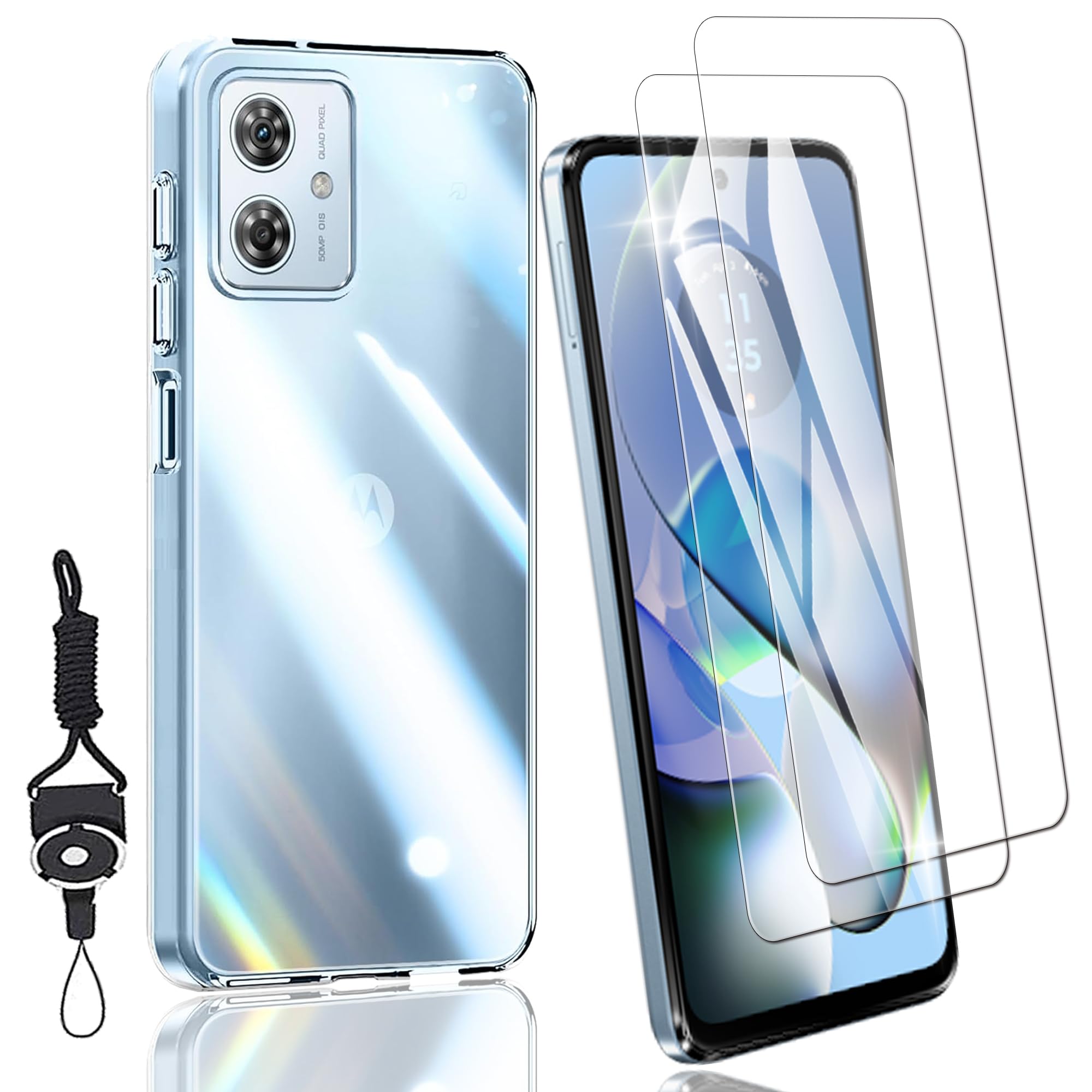 Nutmeg【2+1枚セット】MOTO G64 5G ガラスフィルム（2枚）+ MOTO G64 5G ケース（1枚）【日本旭硝子素材採用】フィルム モトローラ G64 5G 保護フィルム+保護カバー 透明 TPU素材 シリコンケース+ 携帯ストラップ 付属 強化ガラス 硬度9H 耐指紋 撥油性 超高質感 スクラッチ防止