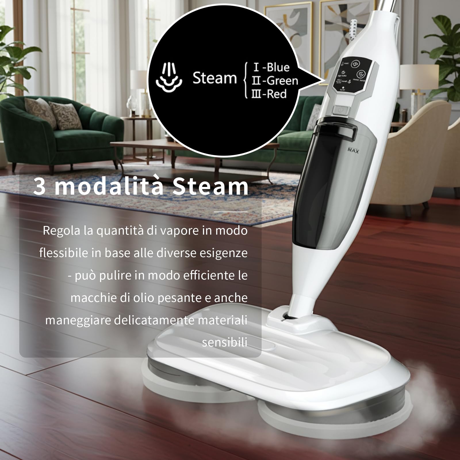 PUREBEAR Scopa a Vapore 2 in 1 con Pulitore a Vapore Portatile, 3 Livelli di Vapore Regolabili, 4 Panni di Ricambio, per Pavimenti, Piastrelle, Finestre, Vestiti e Fughe