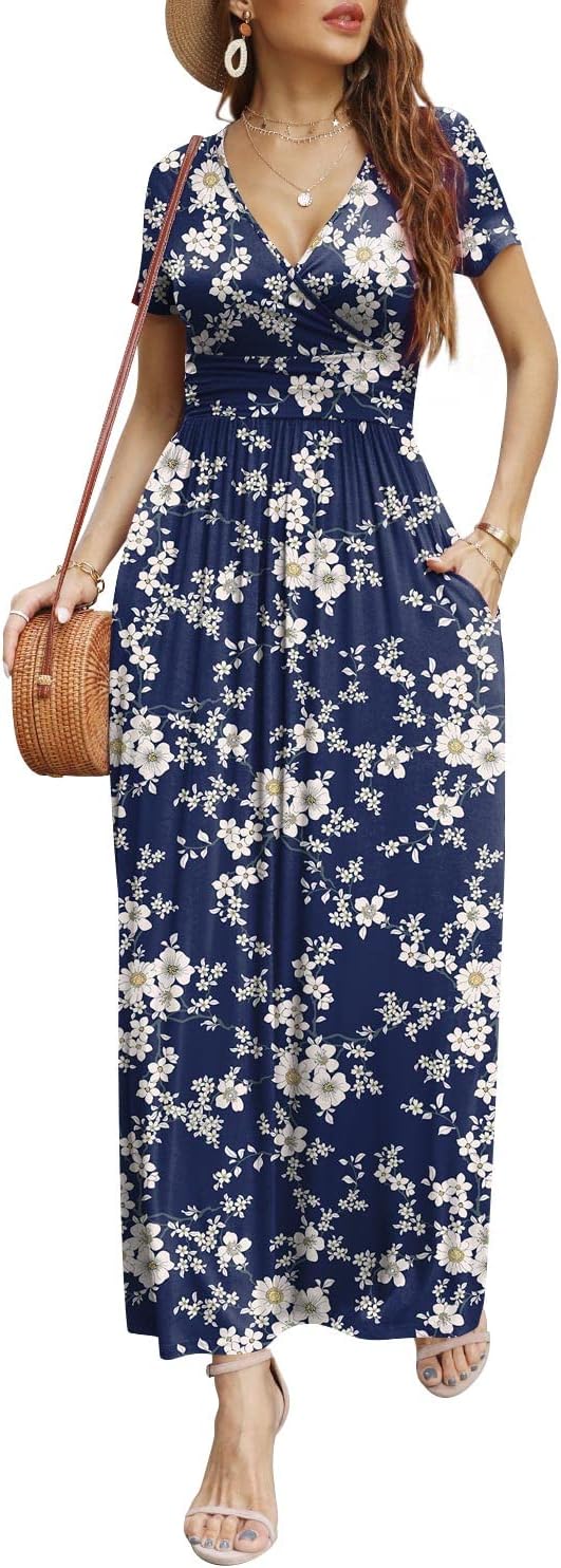 CATHY Women Short Sleeve Deep V-Neck Casual Long Dress Sexy Pleated Waist Maxi Dresses with Pockets - Image 2