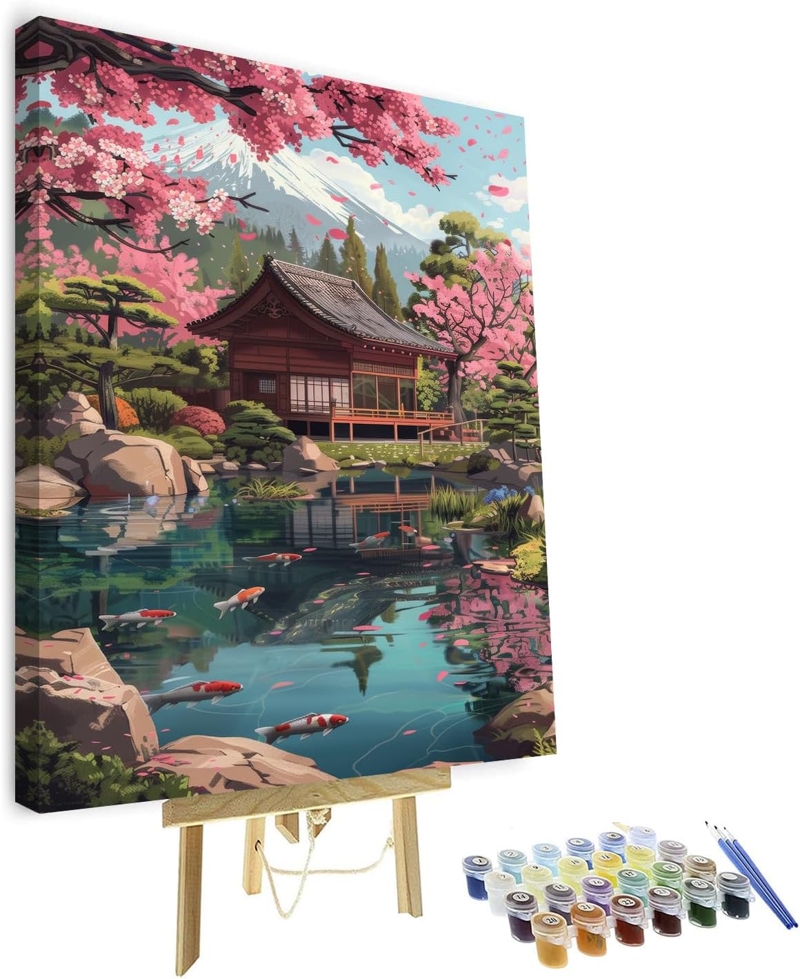 Rebotipy Japanese Mount Fuji Paint by Numbers, Cherry Trees and Koi Carp Paint by Numbers Kit for Adults, Japanese Garden DIY Paint by Number for Adults Beginners Enthusiasts 16x20inch with Frame