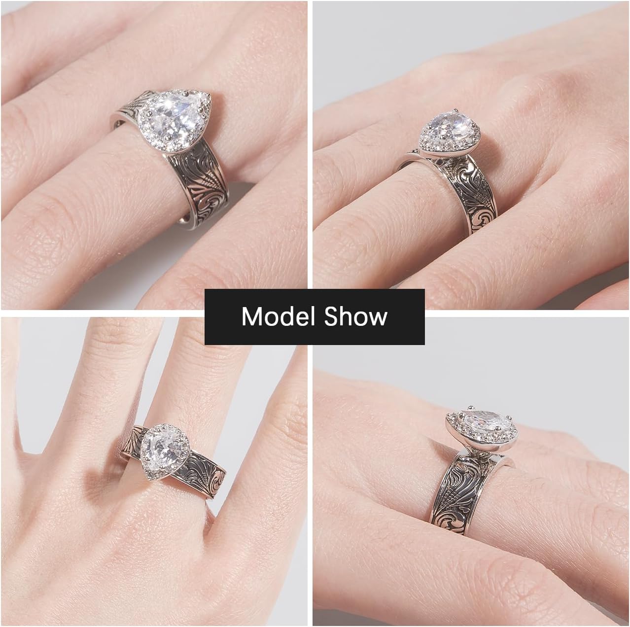 Shiny Cubic Zirconia Statement Ring Antique Flower Vine Design Vintage Rings for Women Cocktail Birthday Wedding Valentine Gift