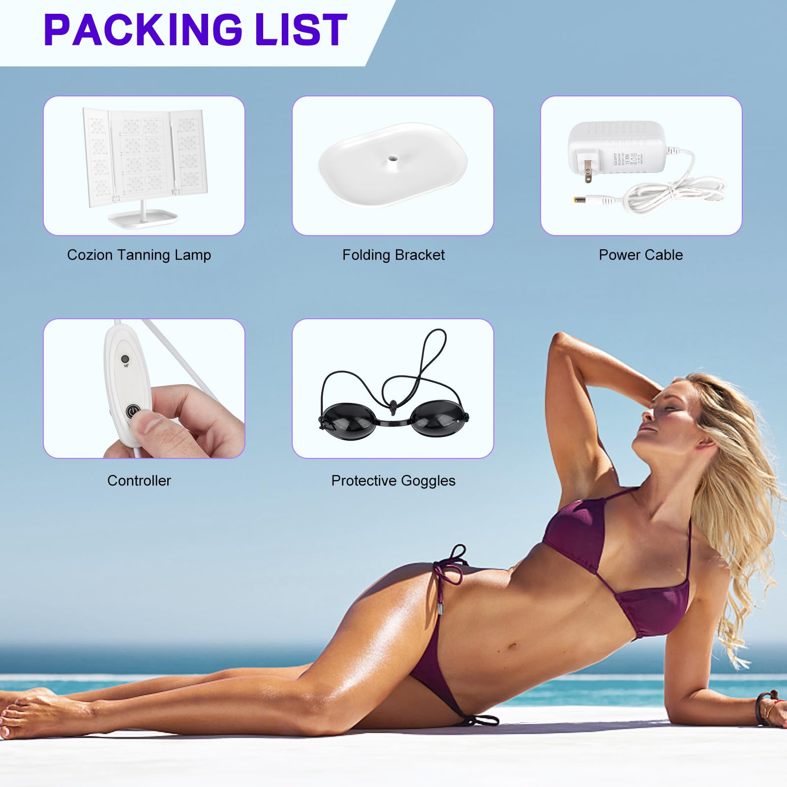 Cozion Lámpara de bronceado para el hogar, 24 W, lámpara de bronceado portátil con 192 LED, soporte ajustable, dispositivo plegable para cuerpo y cara