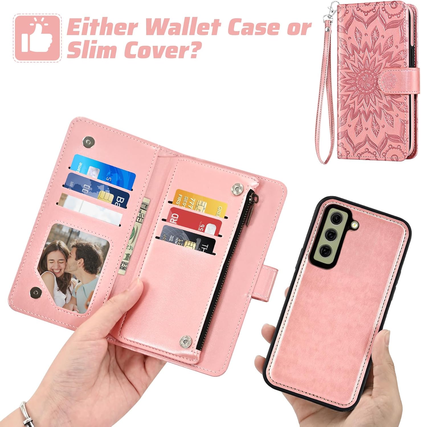 Phone Case for Samsung Galaxy S21 FE 5G Zipper Wallet Magnetic Detachable Cell Cover with Screen Protector Crossbody Lanyard Strap Flower Flip Card Holder Slot S21FE UW 6.4 inch Women Girls Rose Gold