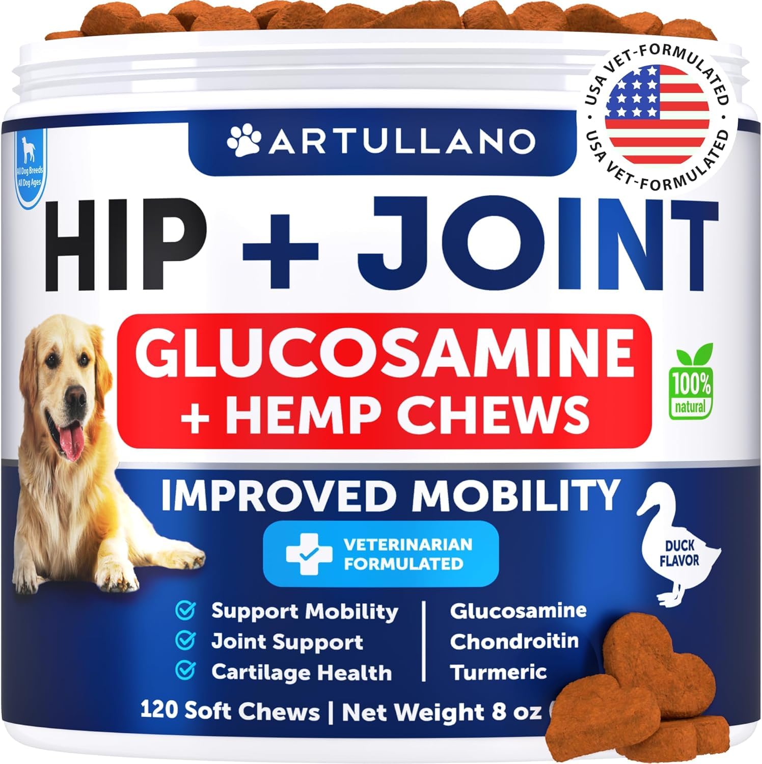 Hemp Hip and Joint Supplement for Dogs - Glucosamine for Dogs Joint Pain Relief - Chews with Chondroitin, MSM, Hemp Oil - Mobility Support, Cartilage Health - For Large, Small breeds - 120 Soft Treats