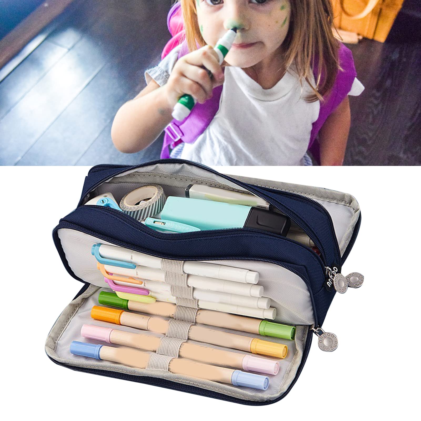 SIXRUN Astuccio per Matite di Grande capacità, Astuccio in Tela con Cerniera con 3 Scomparti, per Penne Portatile con Doppia Apertura 21,5 X 9 X 7 Cm per Studenti e Uso in Ufficio (blu navy)