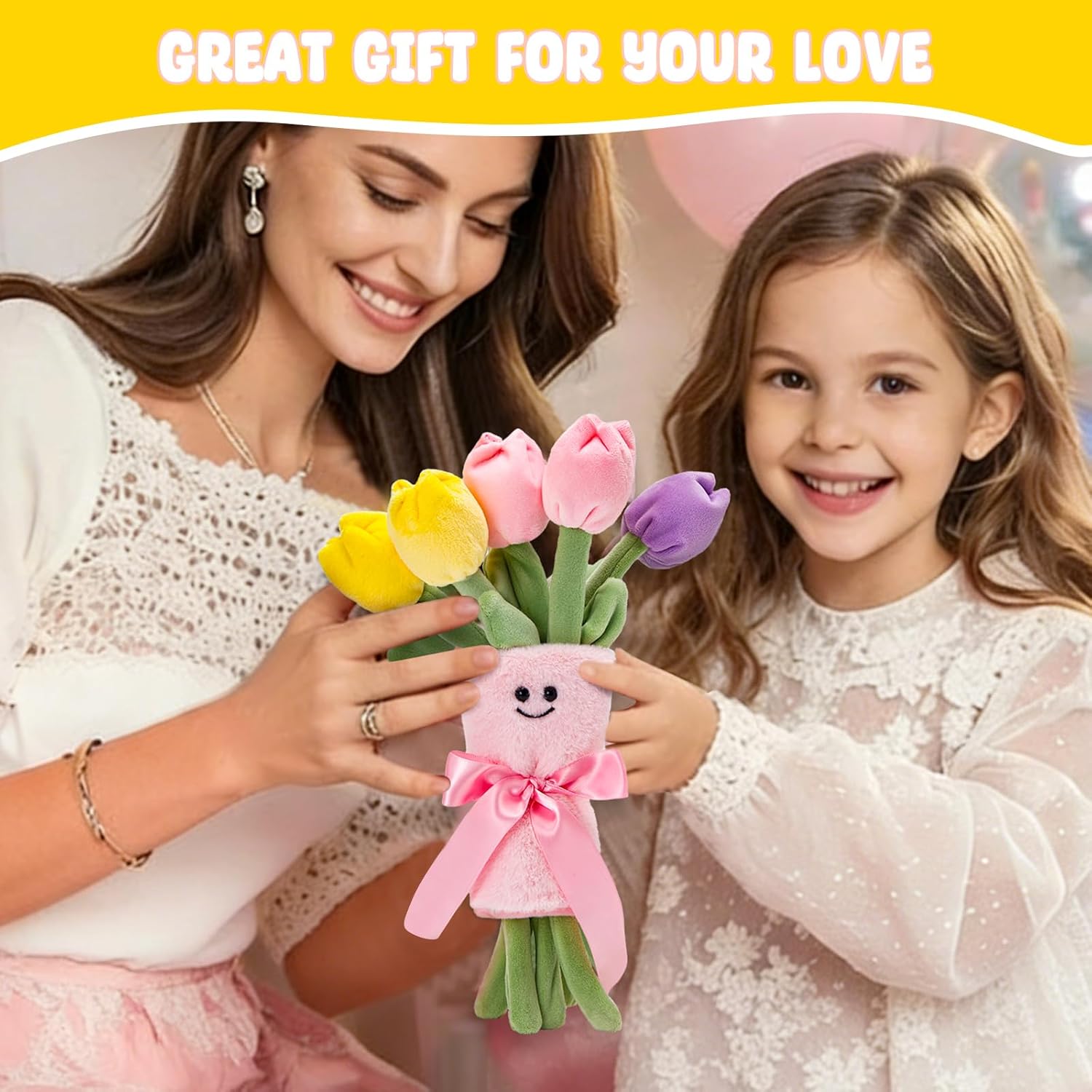 HappySpot Plush Tulip Bouquet, Valentine's Day 11-Inch Soft Stuffed Flower with 5 Plush Tulips, Sweet Gifts for Valentine’s Day Birthday Anniversary Mother’s Day Home Decor