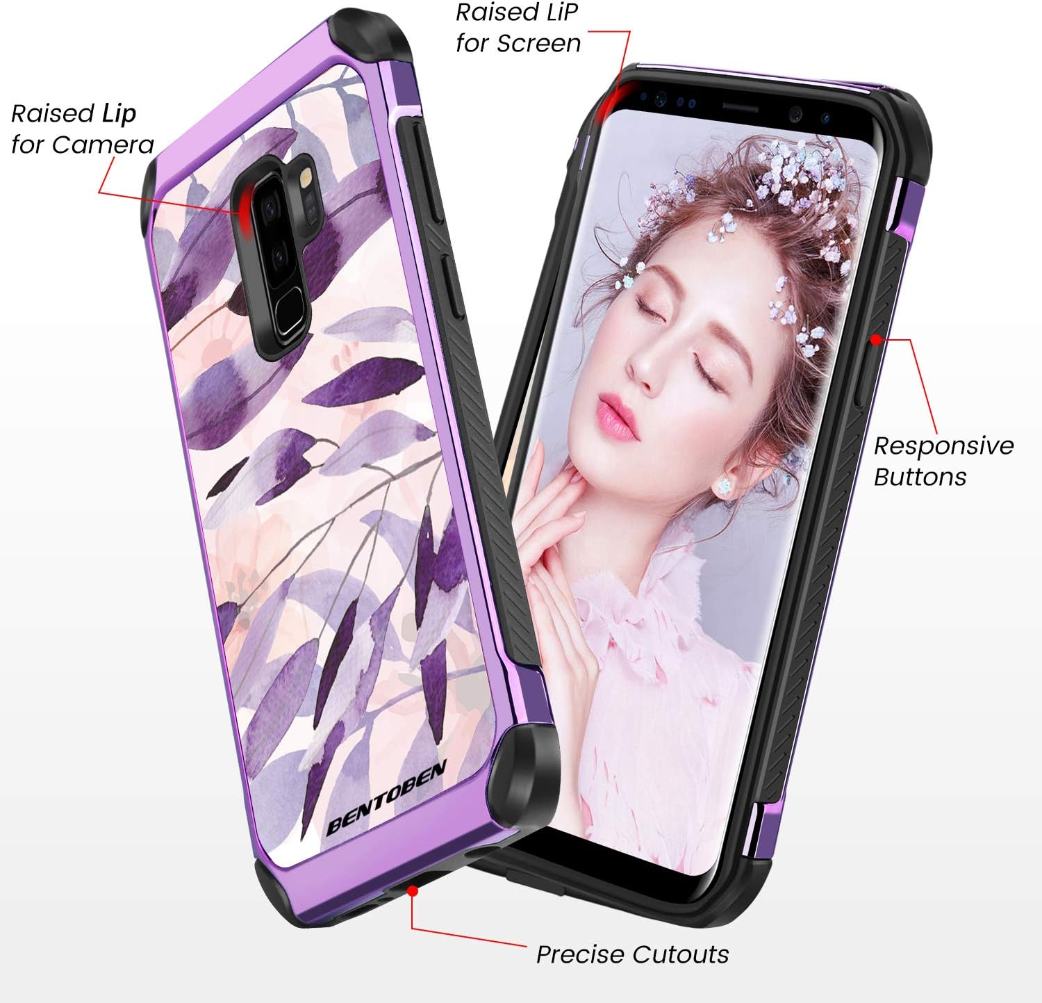 Galaxy S9 Plus Case,BENTOBEN 2 in 1 Dual Layer Hybrid Soft TPU Bumper Hard PC Cover Shockproof Anti-scratch Protective Phone Case Cover with Cute Purple Palm Leaves Pattern for Samsung Galaxy S9 Plus