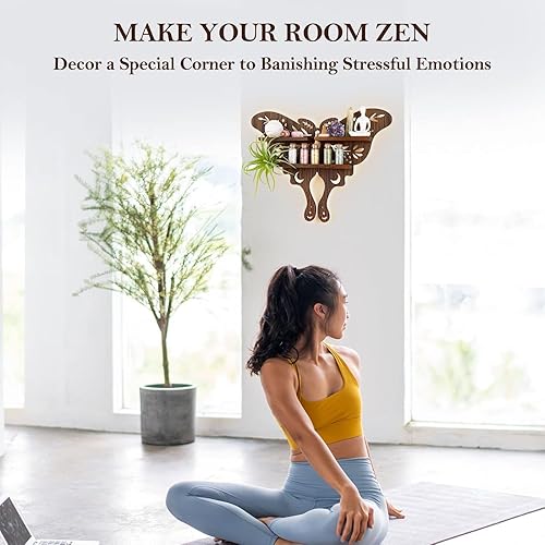 Vista 7 de ANROYE Estante de exhibición de mariposa de luna de cristal, estantes flotantes de pared de madera de pino boho con luz para almacenamiento