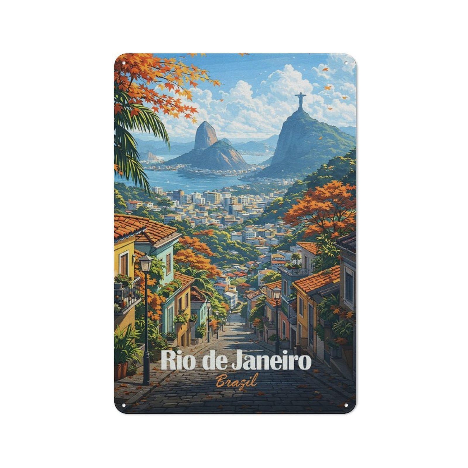 Junmoney Style-17 Vintage Vintage Metal Sign 30X20cm Featuring Rio De Janeiro Cityscape With Christ The Redeemer, Restaurant Wall Art For Takeaway, Bar, Kitchen Or Counter Area