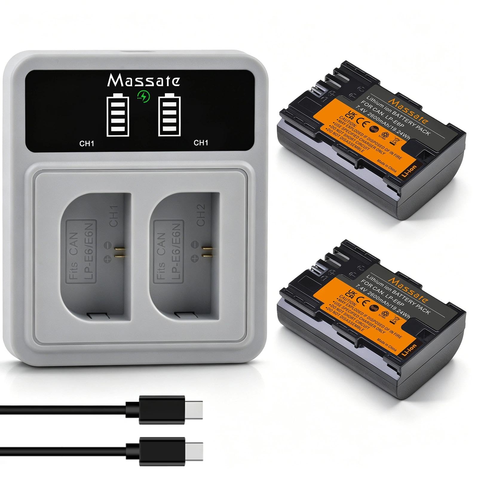 Lot de 2 batteries LP-E6P LP-E6NH 2600 mAh + chargeur rapide LED PD20W – Charge complète en 2,5 H, batterie LP E6 pour Canon EOS 5D Mark II/III/IV, 5DS/R, 6D/6D II, 7D/7D II, 60D 70D 80D 90D