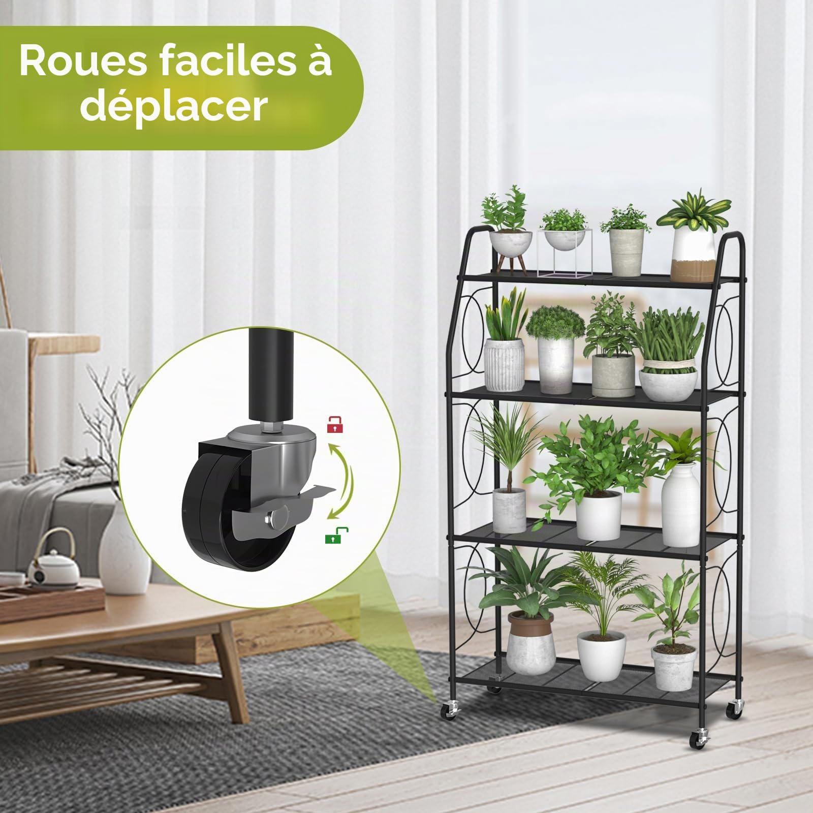 VyGrow Support de plantes à 4 niveaux avec roulettes, étagère pour plantes d'intérieur et d'extérieur, support de plantes haut en métal robuste pour salon, balcon et jardin, noir