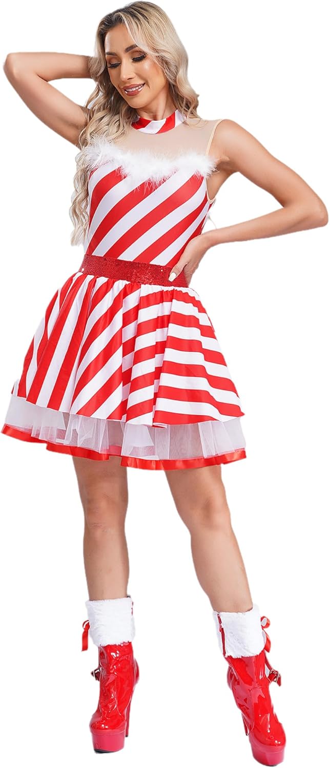 Women Sleeveless Dance Figure Skating Bodysuit Tutu Dress Christmas Party Candy Cane Costume