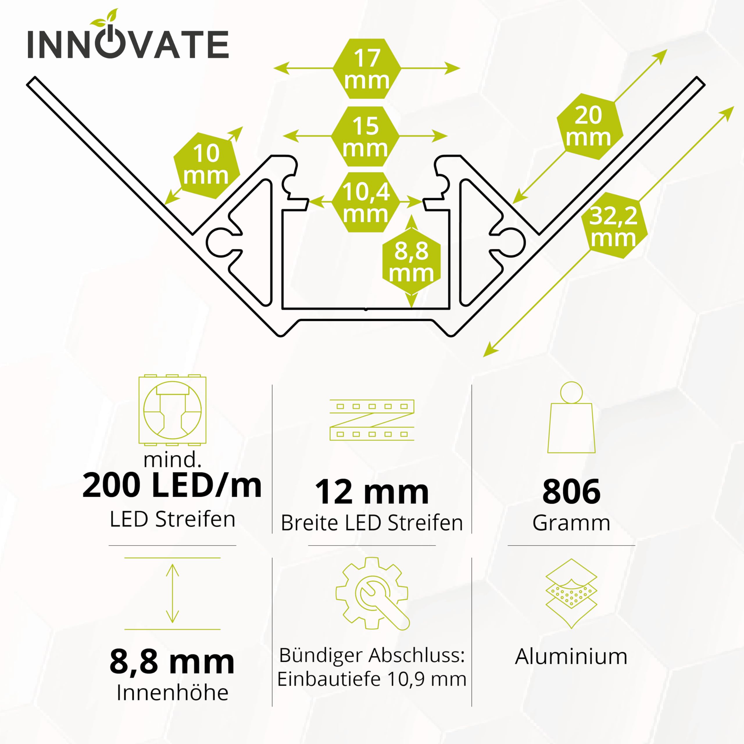 INNOVATE LED Fliesenprofil mit Diffusor [Inneneckprofil 2m Silber-Milchig] Fliesenschiene Dusche LED Streifen 2m I Kantenschutz Fliesen Küche I Indirekte Beleuchtung Badezimmer Duschnische