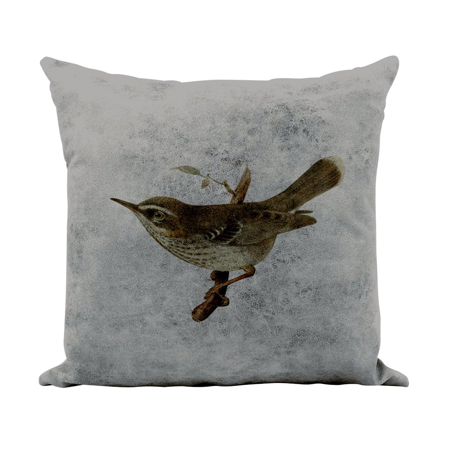 Coussin similicuir gris 40x40 cm avec illustration oiseau séricorne vintage