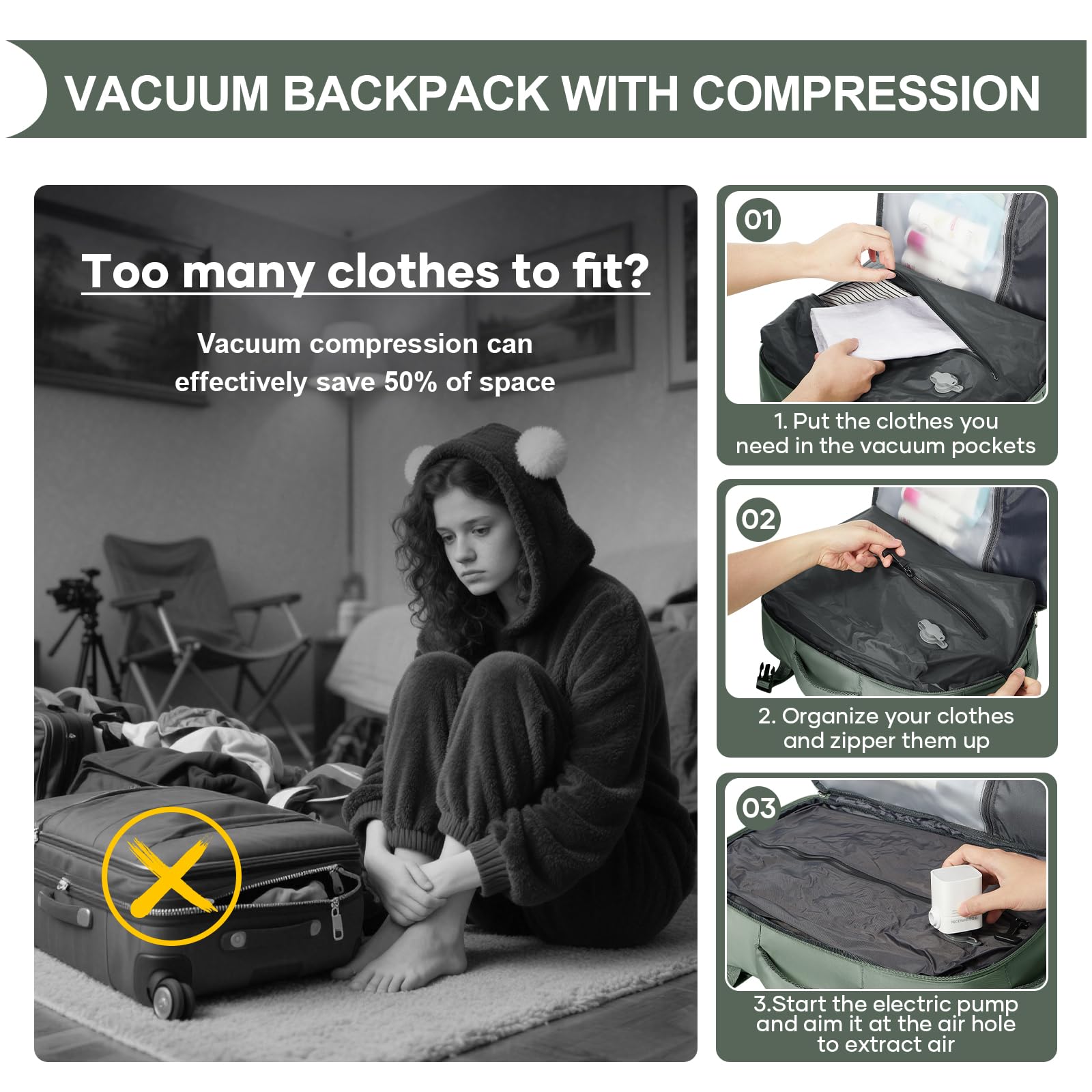 Vakuum Rucksack 40x30x20 mit Pumpe Ryanair Handgepäck 40x30x20 Rucksack Handgepäck Flugzeug Reiserucksack Vakuum Mit Vakuumsystem Damen Herren Grün