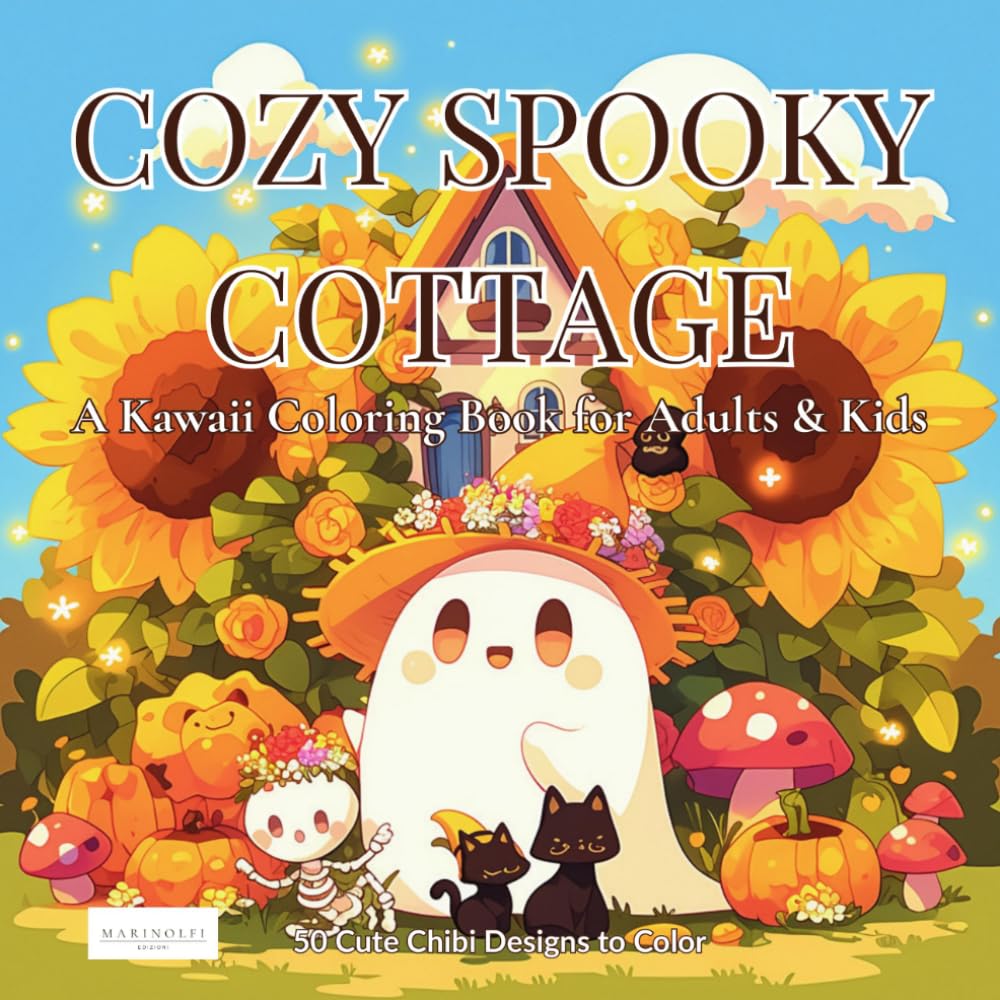 Cozy Spooky Cottage: A Kawaii Cottagecore Summer Coloring Book for Adults and Kids, 50 Cute Chibi Halloween Designs with Ghosts, Black Cats, Witches, Pumpkins and Sunflowers