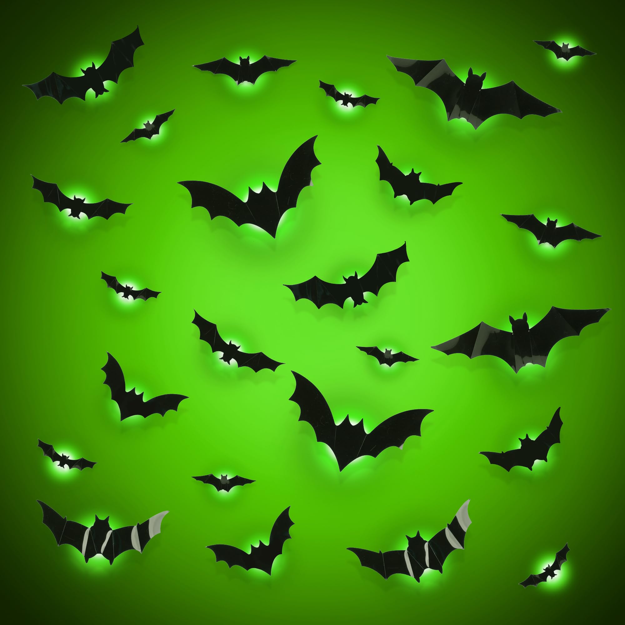 Halloween Deko, 24 Stück 3D Fledermaus Deko Mit LED, Deko Halloween Outdoor Innen, Wandaufkleber Halloween Dekoration Set Für Garten Fenster, Tür (Grün)