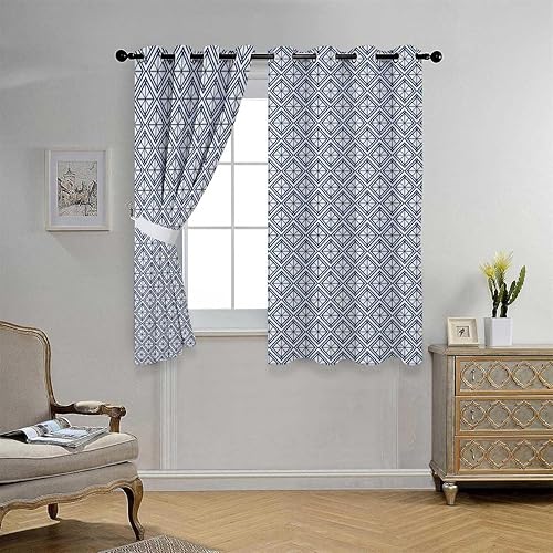 Cortinas para Cuarto - Cortinas para Cuarto - Cortinas opacas con ojales de color claro, línea geométrica, línea de celosía, 85 pulgadas de ancho
