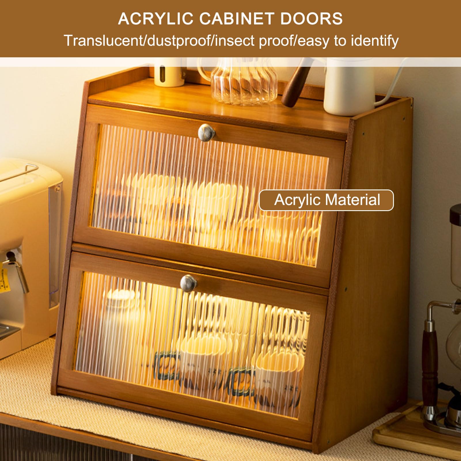 Kleiner Bambus Schrank Küche Speisekammer Anrichte mit Flip-Top-Tür, Speisekammer Arbeitsplatte Lagerung Schrank für Gewürze Gewürzflaschen Schüssel Lebensmittel,Braun,40×27cm/16×11in