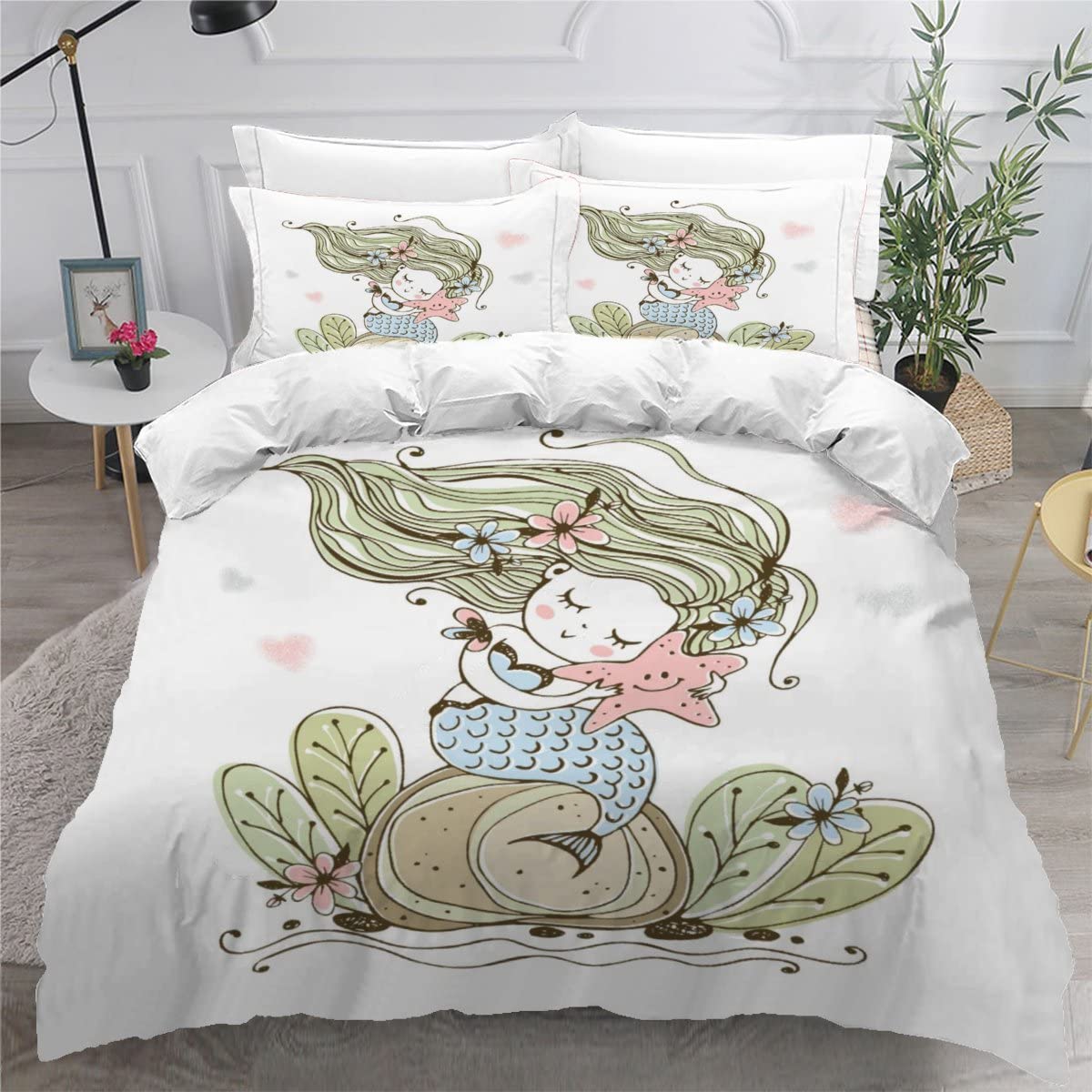 Parure de lit sirène 220x240 cm avec housse et 2 taies d'oreiller