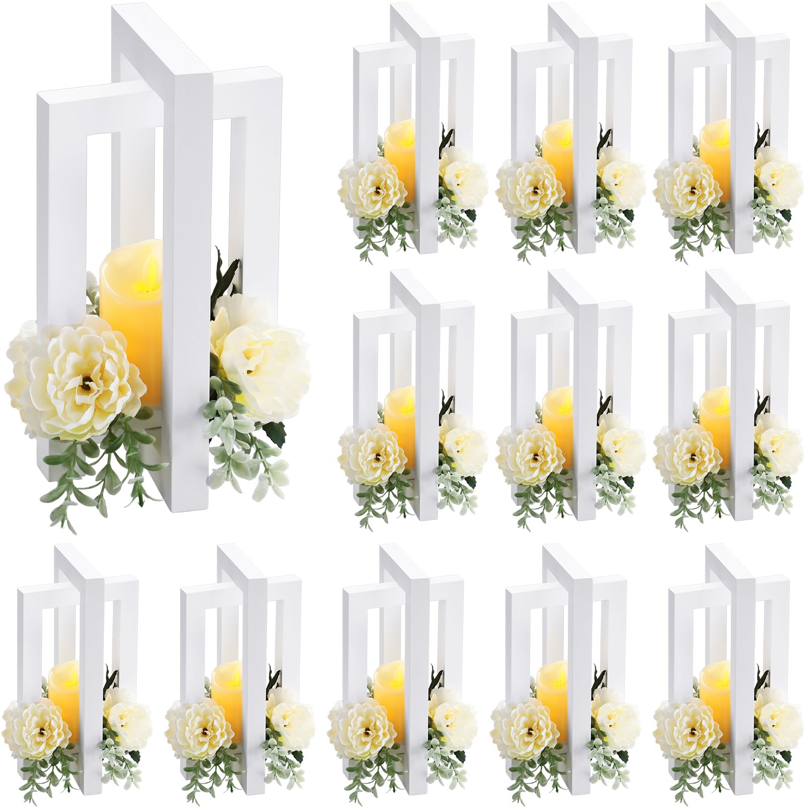 12 PCS Wooden Candle Lantern Bulk Rotate Wood Wedding Table Lantern Rustic Wood Candle Holder Wood Centerpiece Lantern for Wedding Farmhouse Country Decor Party Gift (White, 9 in High)