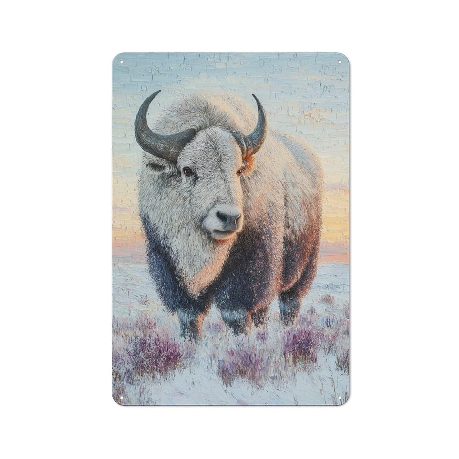 Junmoney Style-16 Retro Retro Metal Sign 30X20cm Featuring White Bison In Snowy Landscape, Garage Wall Decor For Garage, Hobby Room, Office Or Man Cave
